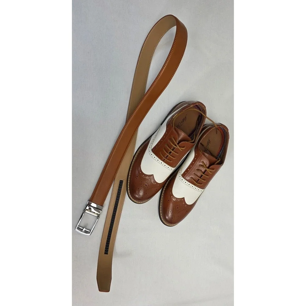 Metro Charm Mens Brown White Spectator Wingtip Oxford Shoes and Belt Set 9.5